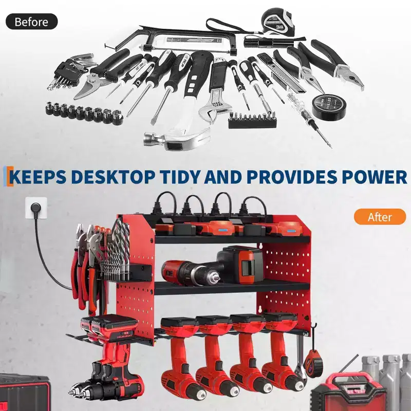 Power Tool Organizer,Drill Holder Wall Mount with Charging Station,Heavy Duty 3/4-Layer Power Pool Storage ,4 Drill Shelf with Hooks