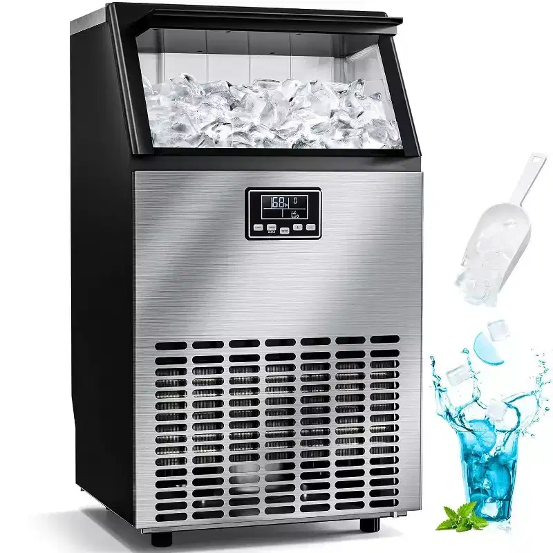 Commercial Ice Maker, 100Lbs/24H, 30Lbs Storage Bin, Stainless Steel, Freestanding, Crescent Cubes, Energy Efficient, Automatic Cleaning