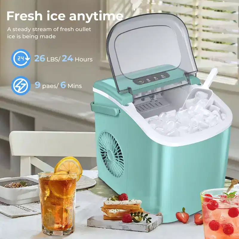 Portable Ice Maker,Countertop Model,Self-Cleaning,26.5lbs/24Hrs,6 Mins/9 Pcs Bullet Ice,Includes Ice Scoop and Basket