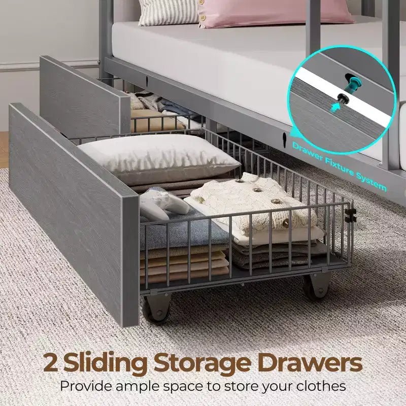 Metal Bunk Bed with Storage Drawers, Charging Station and LED Light - Safety Guardrail & Ladders