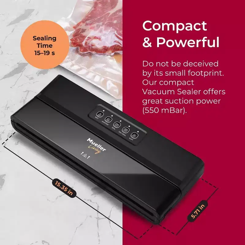 MuellerLiving Vacuum Sealer Machine, Compact Vacuum Sealer Kit with Bags/Roll, LED Light Indicators, Preserve, Marinate, Sous Vide, Black