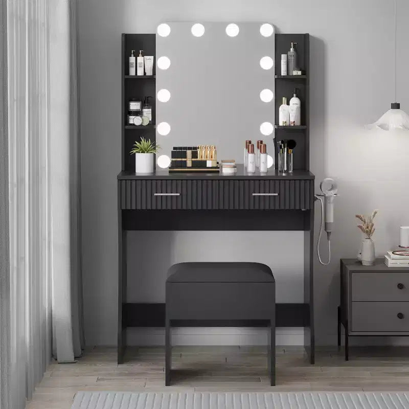 Garvee Makeup Vanity Desk with Mirror and 12 LED Lights, Modern Dressing Table Furniture with Hair Dryer Holder Stool for Bedroom