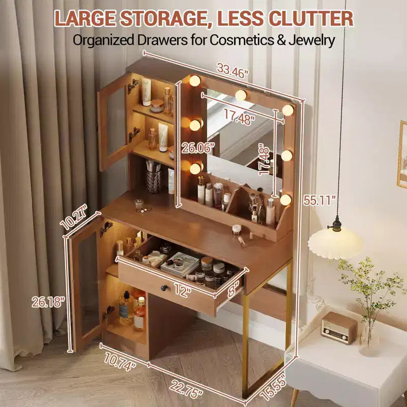 Vanity Desk with Mirror, 3 Lighting Modes Lights, Built-in Outlets & USB Ports, Spacious Drawers & Storage Cabinet, Makeup Dressing Table for Bedroom