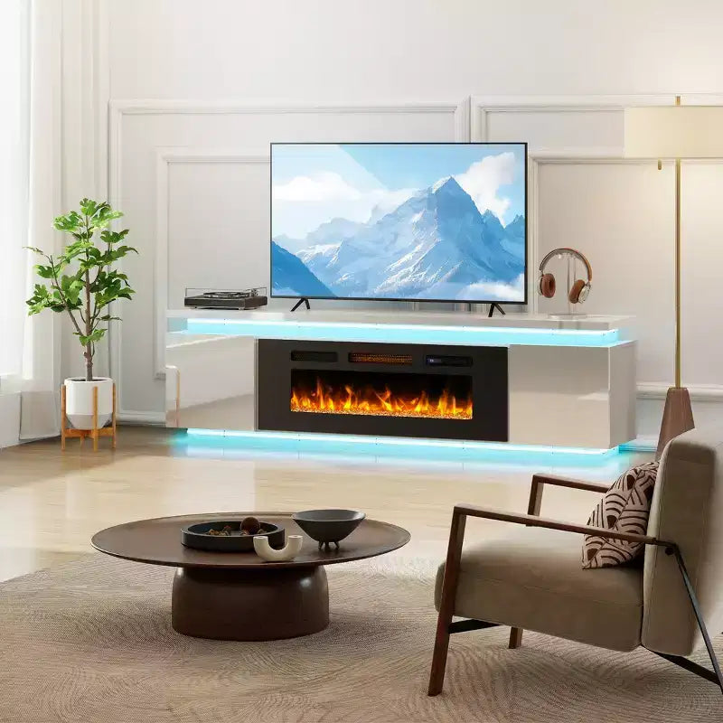 Skyzoo Electric Fireplace TV Stand for TVs up to 80 with LED Lights & 4 AC Power Outlets, TV console for Living Room