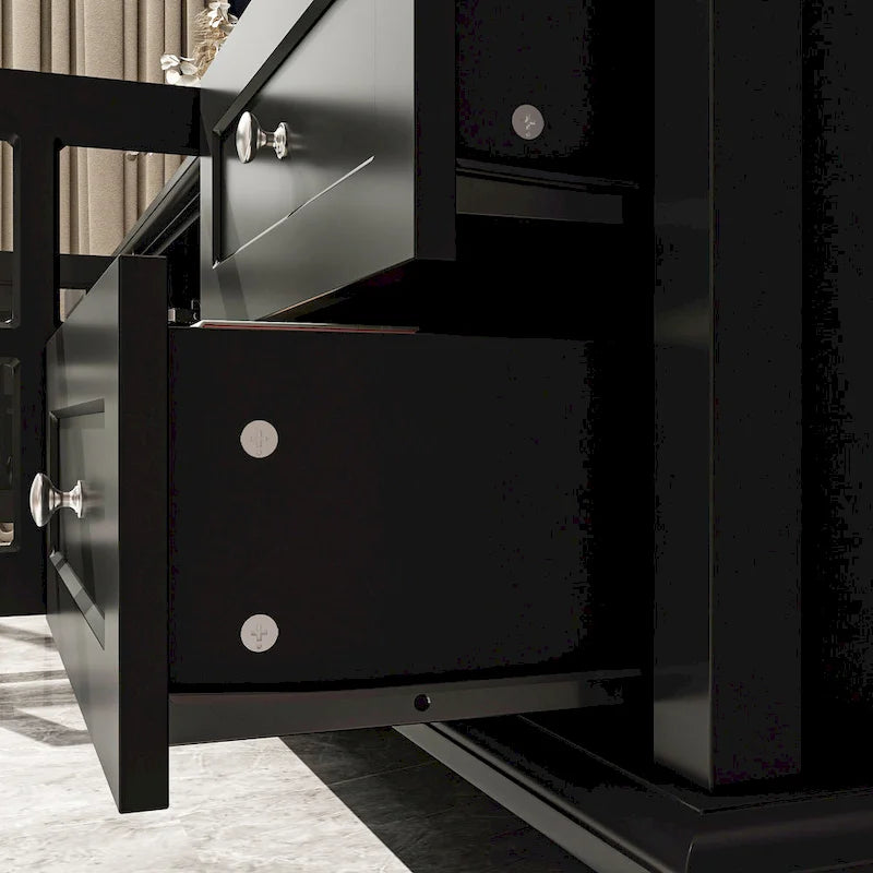 70.9-Inch TV Stand – White, Modern Style, Tempered Glass Doors & 4 Drawers