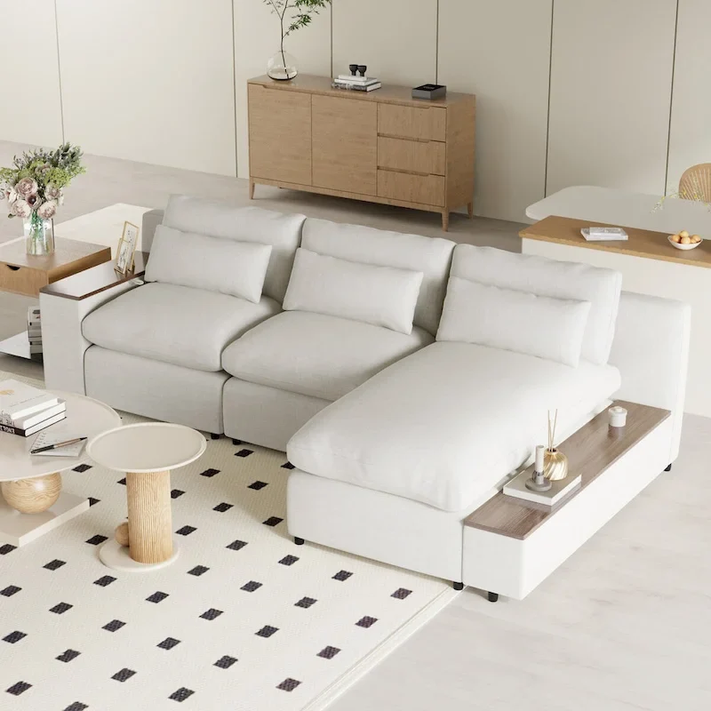 Beige L-Shaped Modular Sectional Sofa, 3-Seat, Right Facing