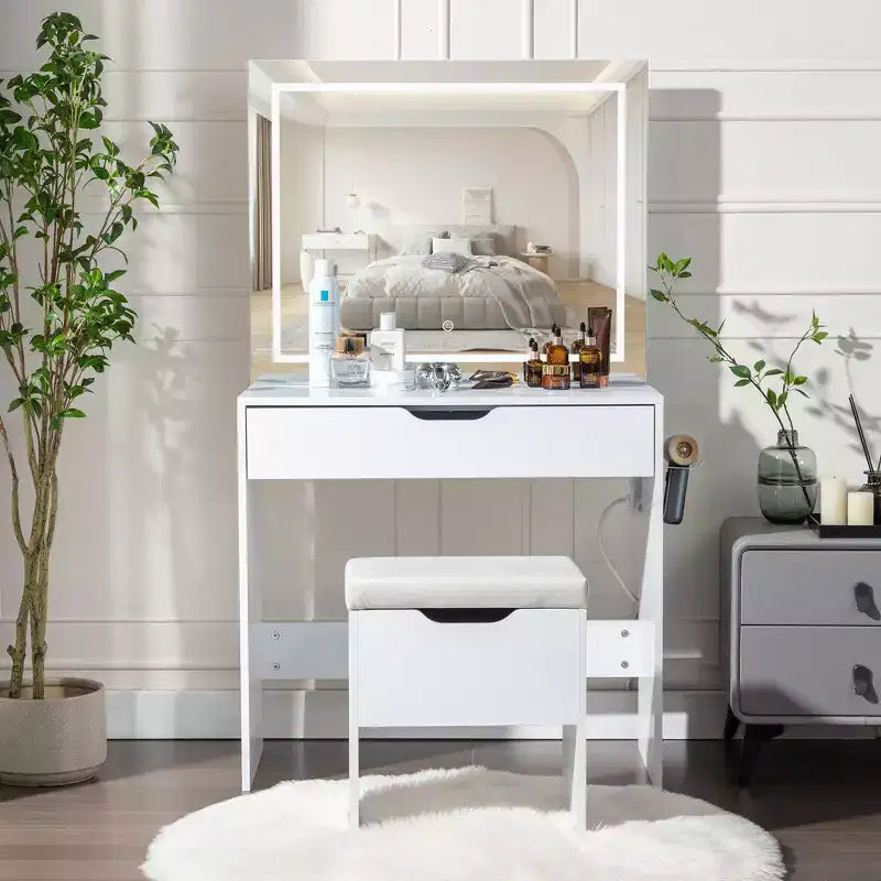 VECELO Vanity Desk Set with LED Lighted Mirror & Power Outlet, Makeup Table with Large Drawer, Storage Stool and Hair Dryer Stand for Bedroom, White