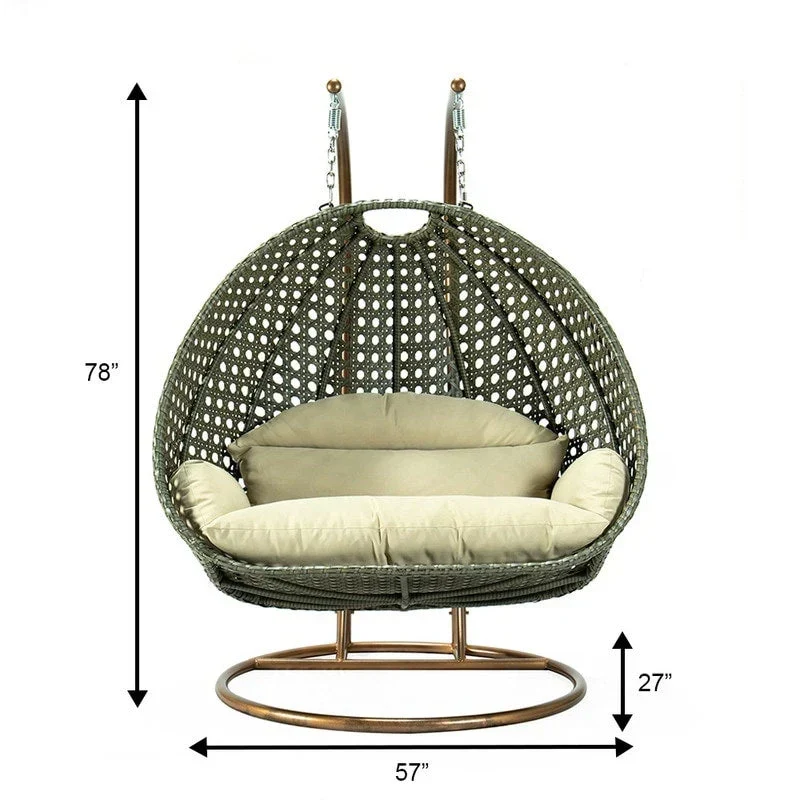 LeisureMod 2 Person Hanging Egg Chair with Stand - Outdoor/Indoor Rattan Wicker Patio Swing Hammock Lounger with Cushions