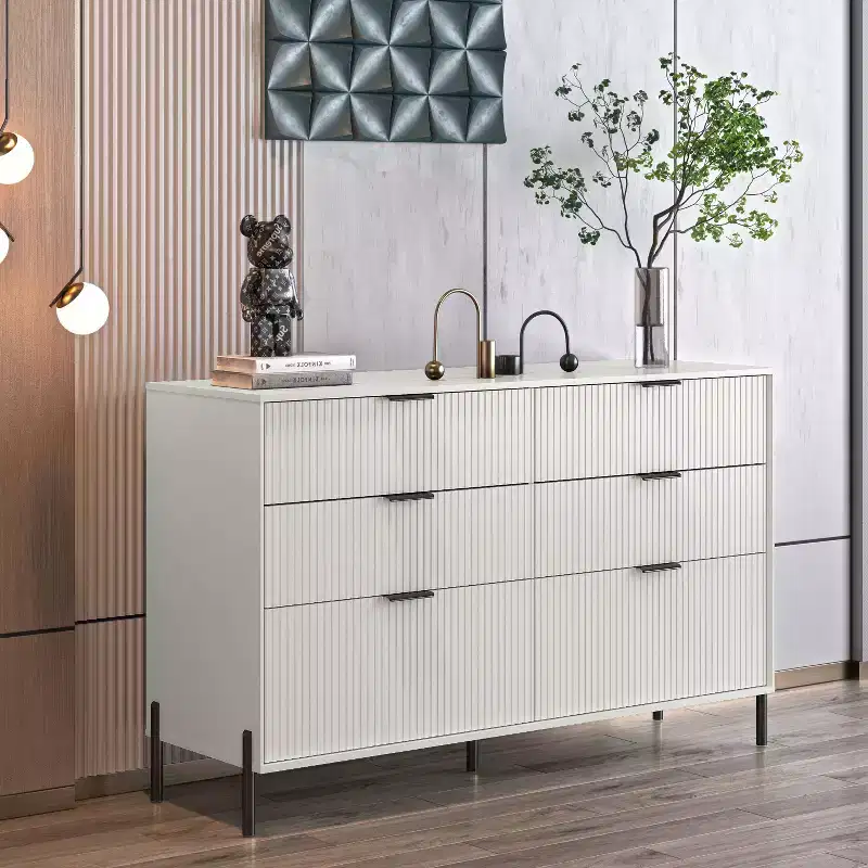 6 Drawer Dresser with Gold Legs Modern Ribbed Design for Bedroom