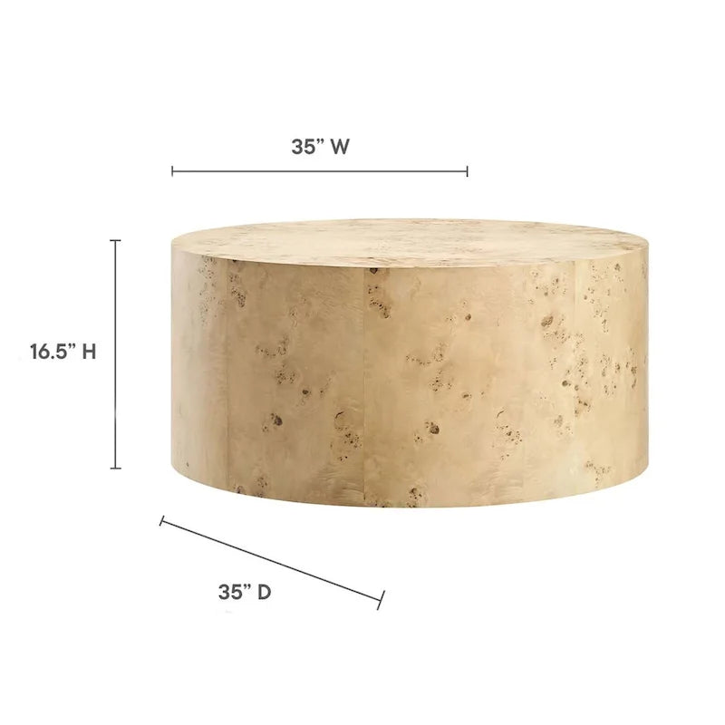 Round Burl Wood Coffee Table – Natural / Off White, Mid-Century Style