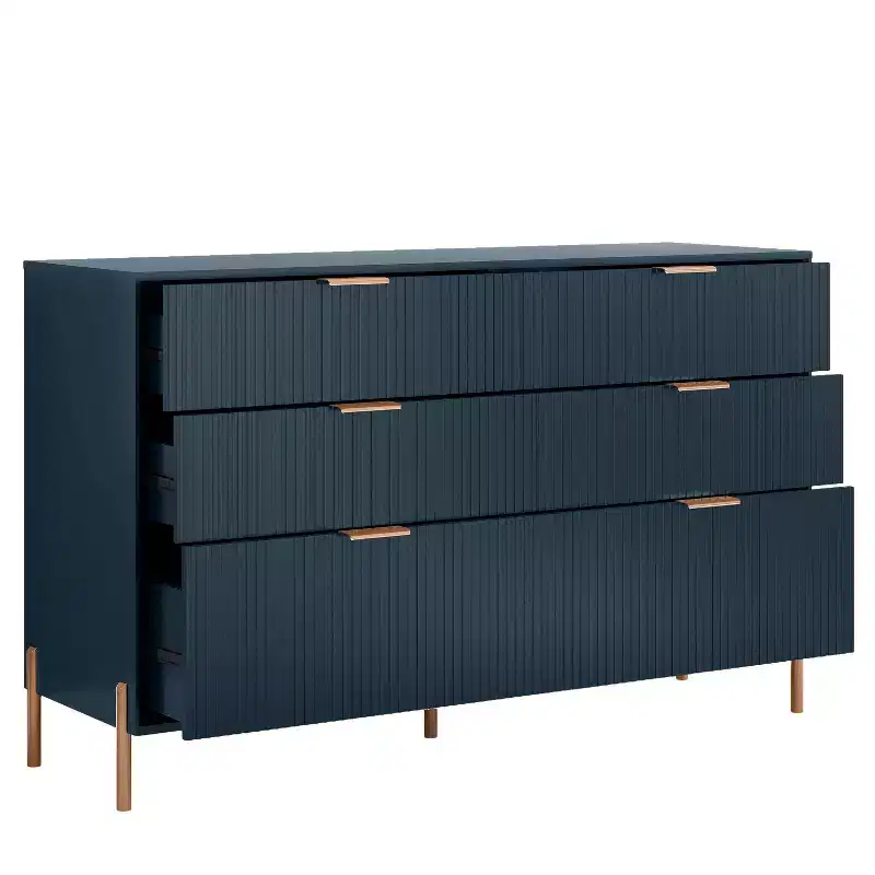 6 Drawer Dresser with Gold Legs Modern Ribbed Design for Bedroom