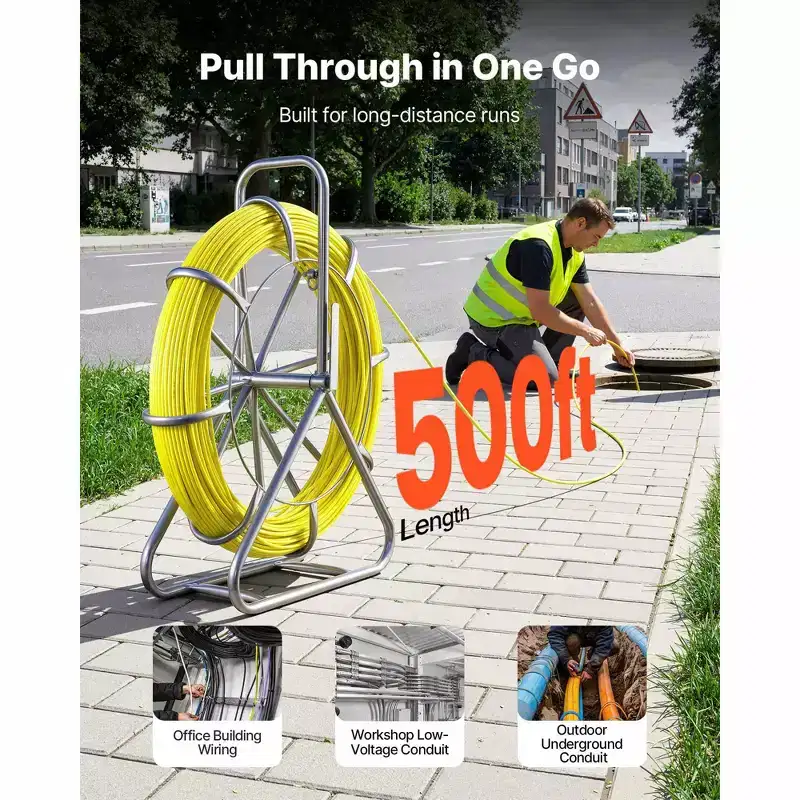 VEVOR Fish Tape Fiberglass, 500FT 6.3MM, Duct Rodder Fishtape Wire Puller with Stand, 1/4-In Cable Running Rod,Marked Every 5 Ft,Non-Conductive,Yellow