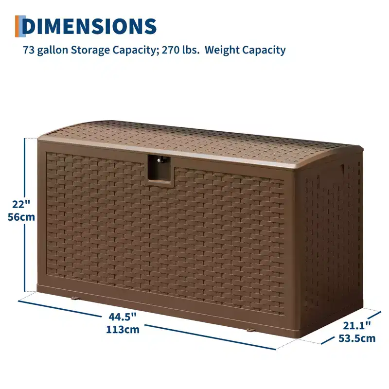 73 Gallon Waterproof Outdoor Storage Deck Box  Constructed from Durable Resin  Lockable Lid with Convenient Handles  Brown Finish
