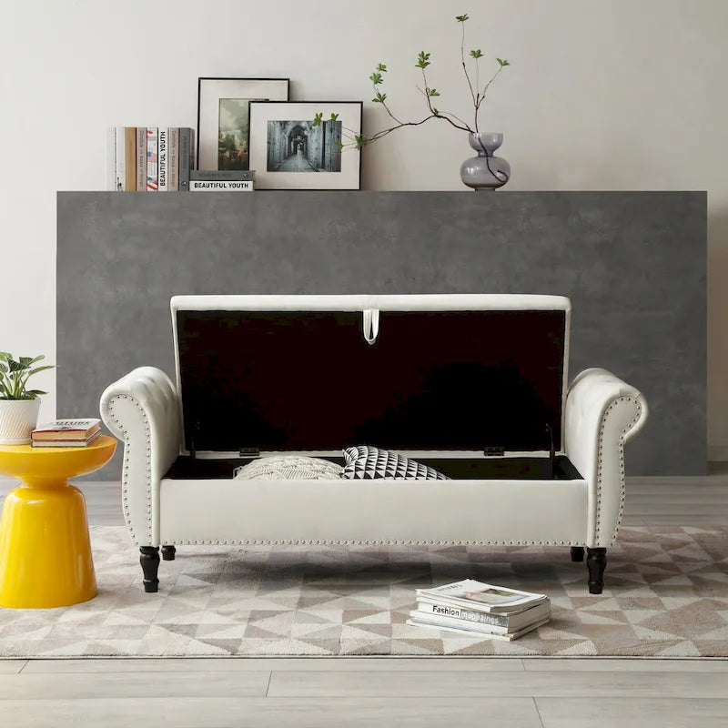 Upholstered Storage Ottoman Bench – Brown / Beige / Blue / Black / Grey / Pink, Velvet, Rolled Arms, Seats 2