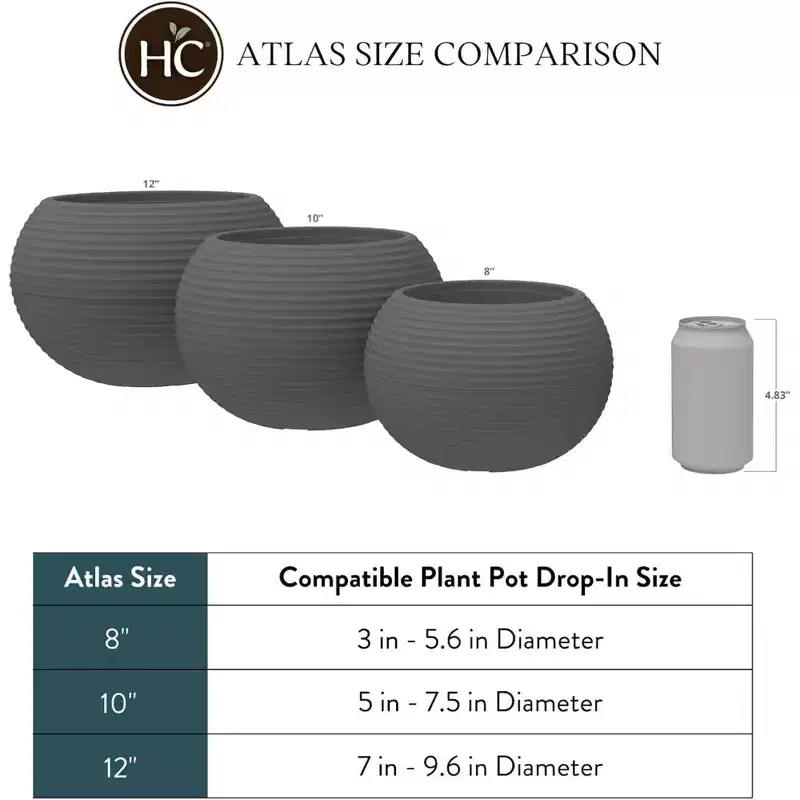 The HC Companies 10 Inch Atlas Sphere Planter with Drainage Hole, Indoor or Outdoor Use, Decorative Round Plastic Plant Pot for Herbs or Flowers, Gray