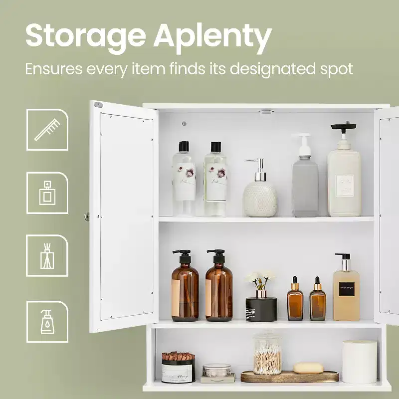 Wall-Mounted Bathroom Cabinet with 2 Mirrored Doors & Adjustable Shelf, White