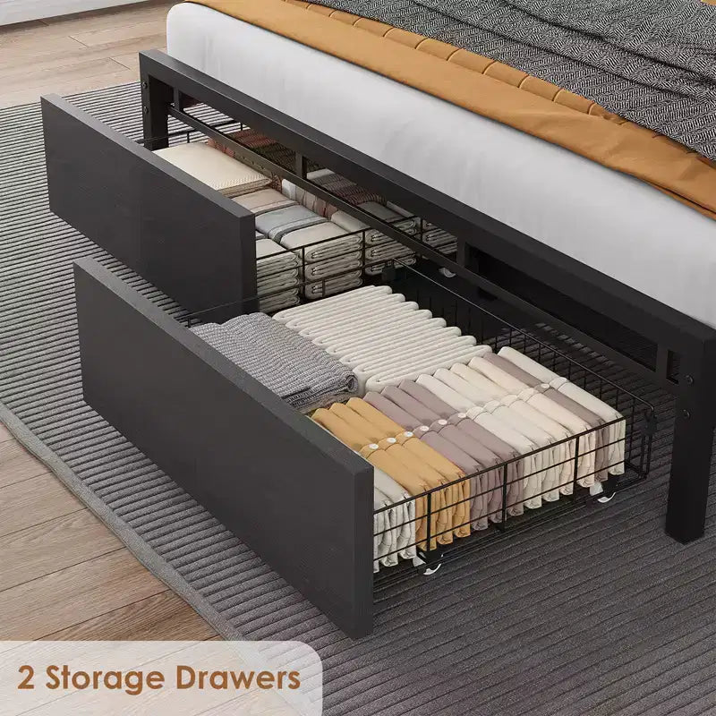 Whizmax Full Size Bed Frame with Upholstered Headboard, Industrial Full Platform Bed with 2 Storage Drawers and Charging Station, No Box Spring Needed