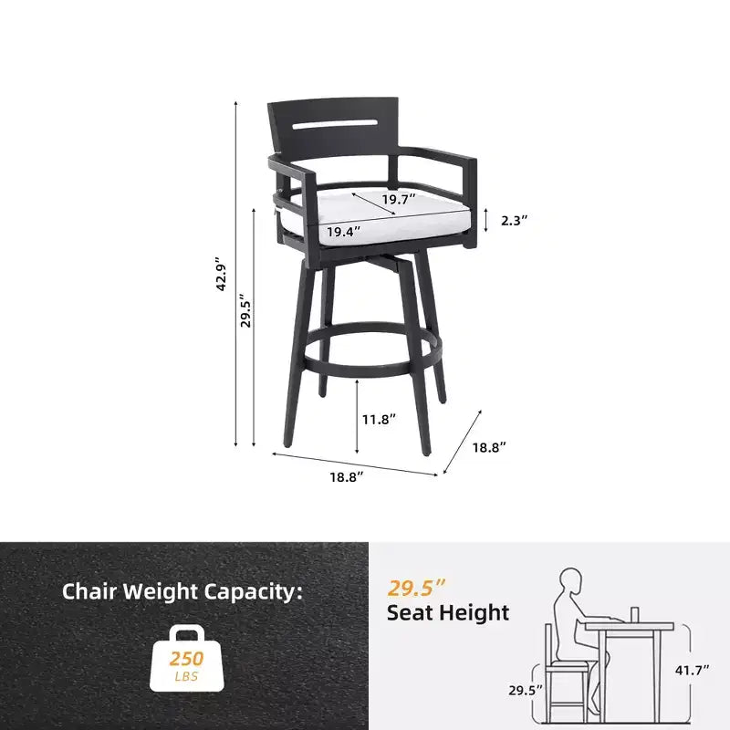 Swivel Outdoor Bar Stool Patio Bar Chair Set of 2, Aluminum Material & Tapered Leg & Moveable Cushion