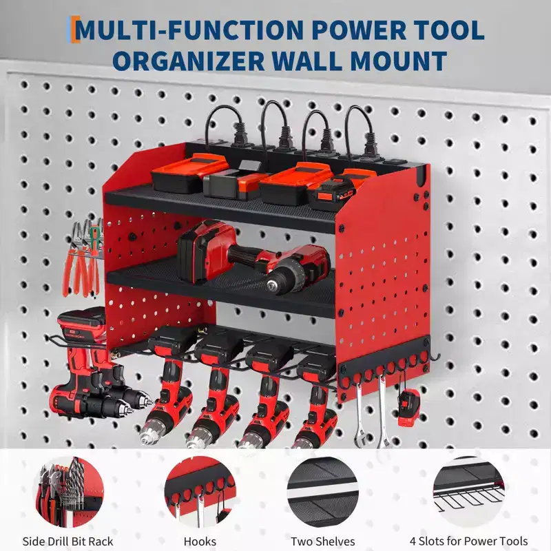 Power Tool Organizer,Drill Holder Wall Mount with Charging Station,Heavy Duty 3/4-Layer Power Pool Storage ,4 Drill Shelf with Hooks