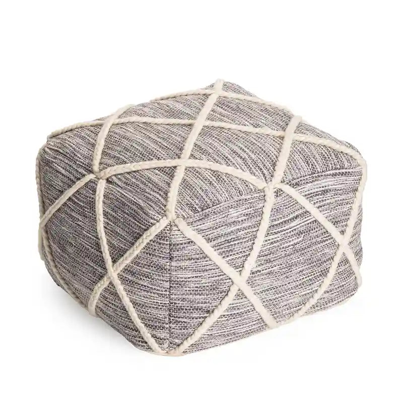 22-Inch Round Pouf Ottoman – Blue & Ivory / Tan & Ivory / Gray & Ivory, 1-Person Footrest & Extra Seat