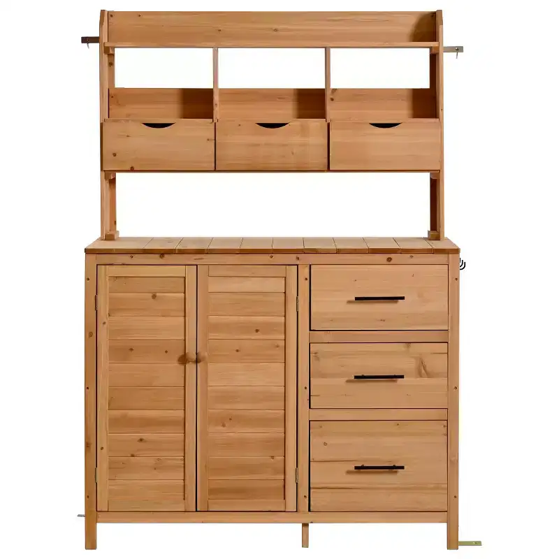 Farmhouse Potting Bench for Gardening, 65 Freestanding Garden Workstation with 6 Drawers, Cabinet, and Side Hook-Panipeachy