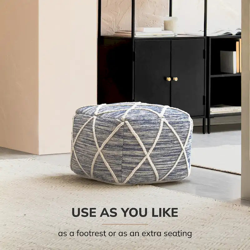 22-Inch Round Pouf Ottoman – Blue & Ivory / Tan & Ivory / Gray & Ivory, 1-Person Footrest & Extra Seat