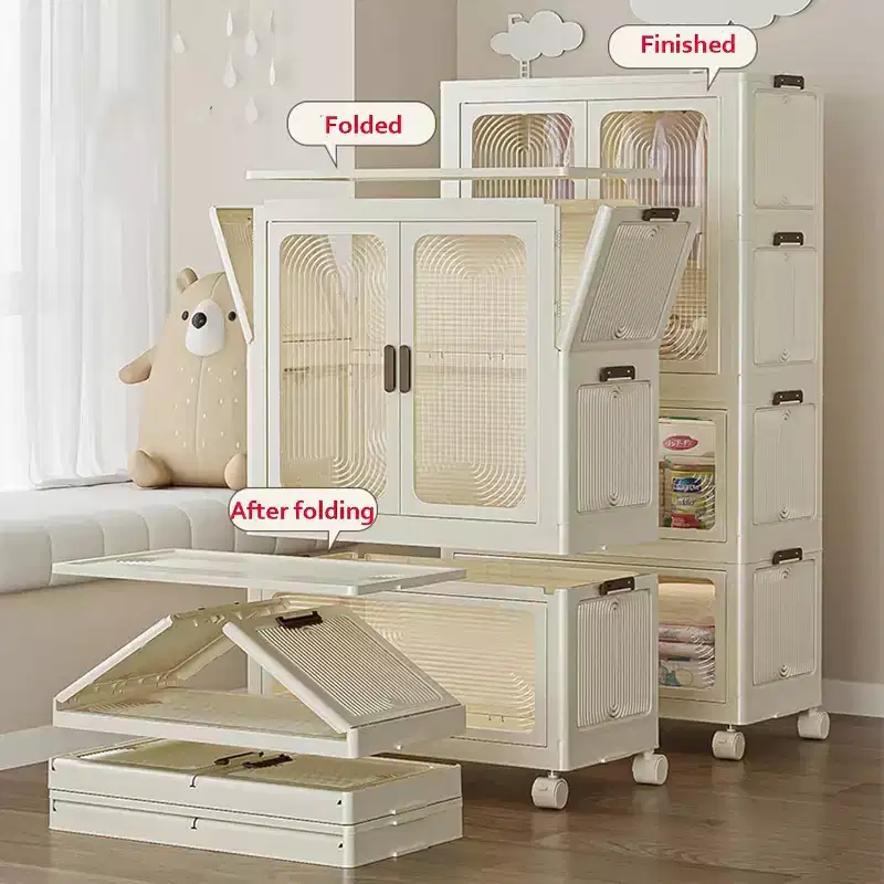 Storage cabinet with Lid, Large Plastic Organiser Boxes, Foldable Wardrobe with Wheels, Stackable Storage Boxes with Door