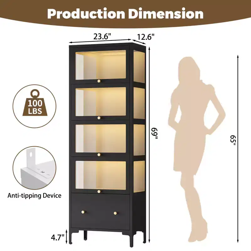 Bekrvio 67 Glass Doors Display Cabinet with Drawer & 13-Color RGB LED Lights, 5-Tier Metal Curio Cabinet for Collectibles, Figure, Toys, Books