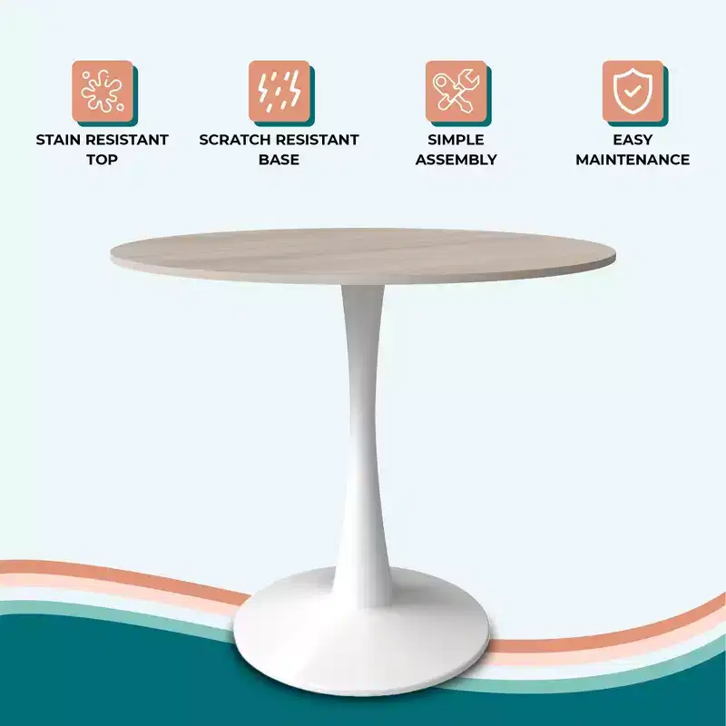 LeisureMod Bristol 31 Round Dining Table  Sintered Stone Top Accent Caf Table & Sturdy Steel White Pedestal Base for Kitchen and Small Spaces