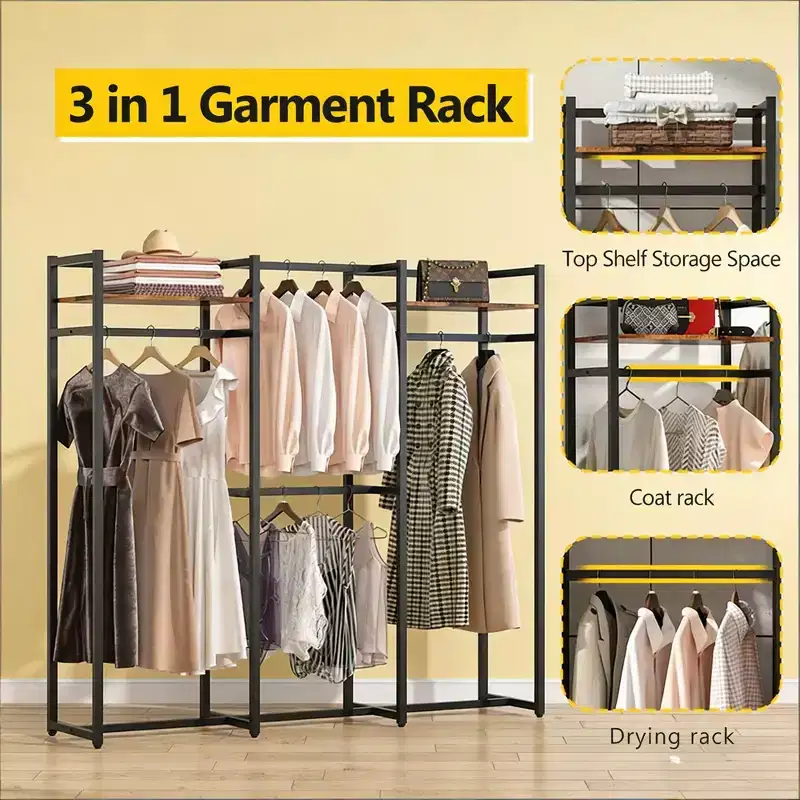 NAYSAYE Portable Wardrobe Rack Coat Clothes Hanger Closet Organizer with Shelves Heavy Duty for Bedroom Laundry Room, Black, 70.92*15.76*70.92