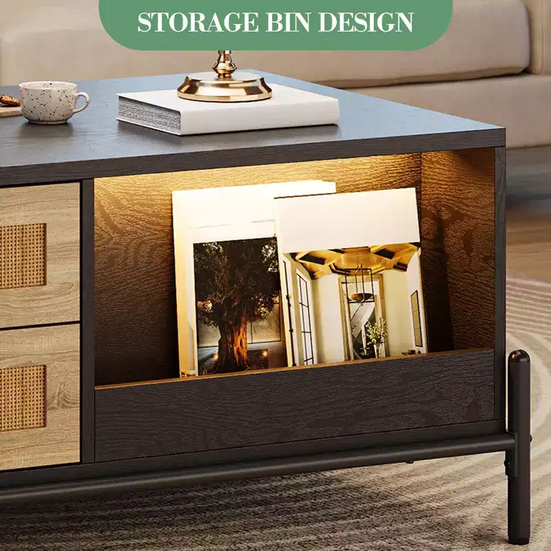Rattan Coffee Table with LED Lighting & Storage Drawers