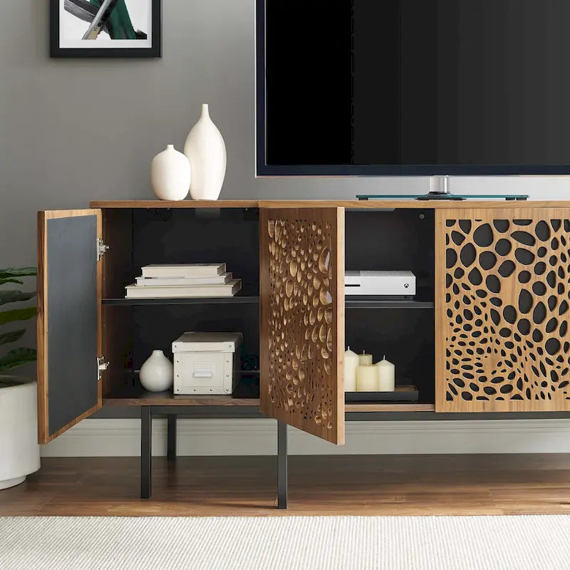 Walnut Veneer Sideboard Credenza with Sliding Doors for 1–4 Person Dining Room