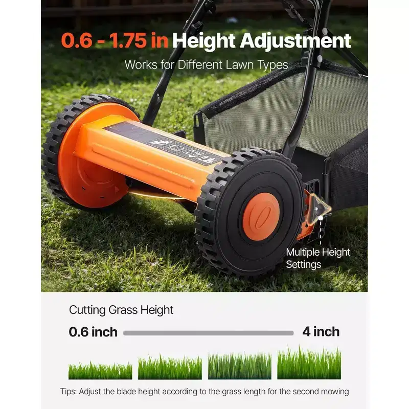 14 in Push Reel Lawn Mower Manual Walk Behind Mower with 5 Steel Blades Adjustable Height and Grass Catcher