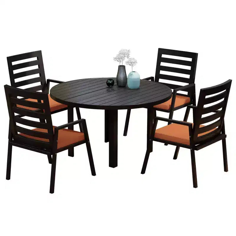 LeisureMod Chelsea 5-Piece Patio Dining Set, 48 Round Aluminum Dining Table and 4 Dining Armchair
