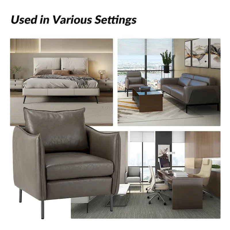 Modern Accent Chair – Black / Brown / Grey / Camel / Navy / Beige, Vegan Leather, Metal Legs, Seats 1