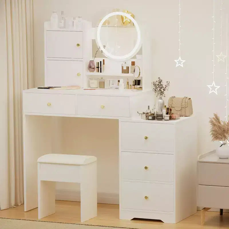 Okak Vanity Table with Right Drawers and Lights for Makeup and Cushioned Chair,Vanity Desk with Lights and Table Set with 3 Color Lighting,White