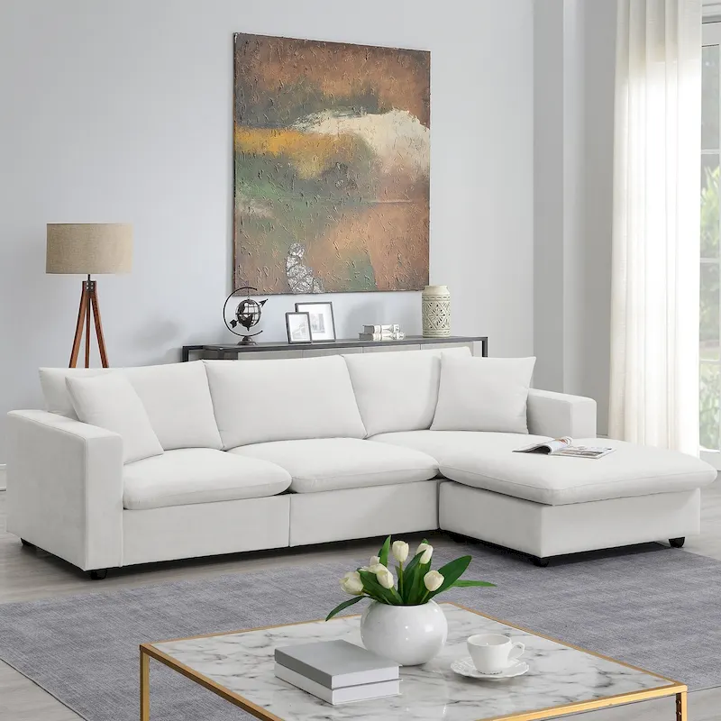 White L-Shaped Sectional Sofa with Ottoman, Seats 5
