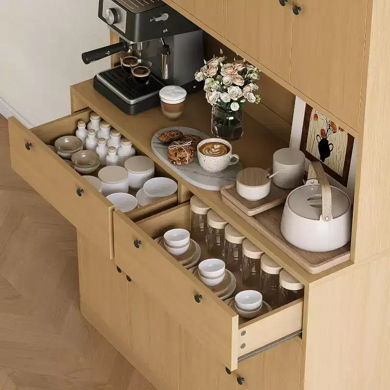71 Tall Kitchen Pantry Storage Cabinet, Kitchen Hutch with Microwave Stand & Countertop, Large Food Pantry Cabinet with 2 Drawers and 8 Doors