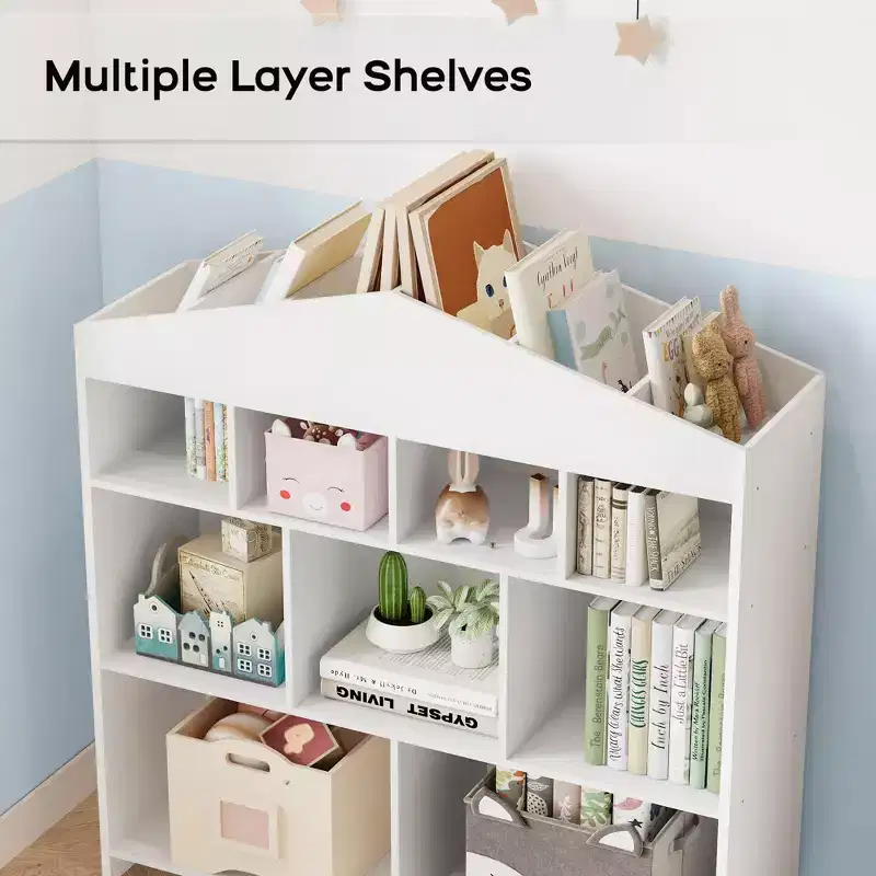 Kids Storage Organizer Bookshelf, 9-Cubby Kids Bookshelf, White Children's Shelf, House Shape Storage Cabinet for Playroom, Kids Room, School