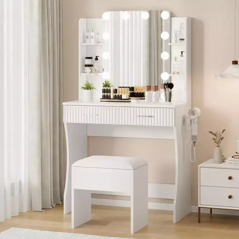 Makeup Vanity Desk with Mirror and Lights, Vanity Table with 2 Drawers, 6 Shelves, Hair Dryer Holder & Stool,Dressing Table Furniture for Bedroom