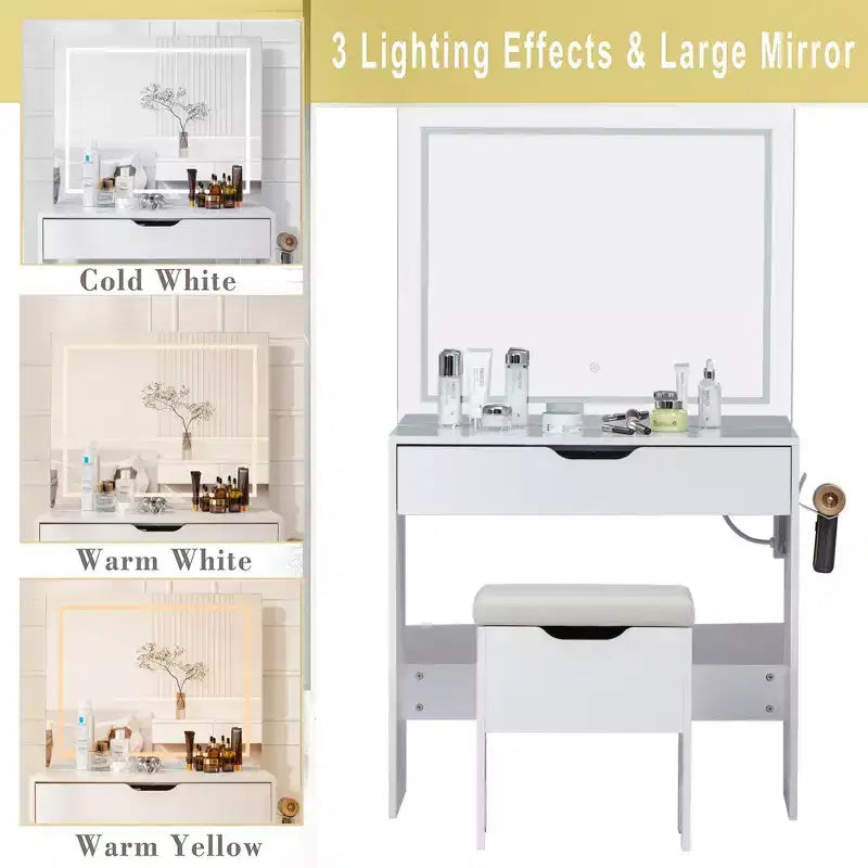VECELO Vanity Desk Set with LED Lighted Mirror & Power Outlet, Makeup Table with Large Drawer, Storage Stool and Hair Dryer Stand for Bedroom, White