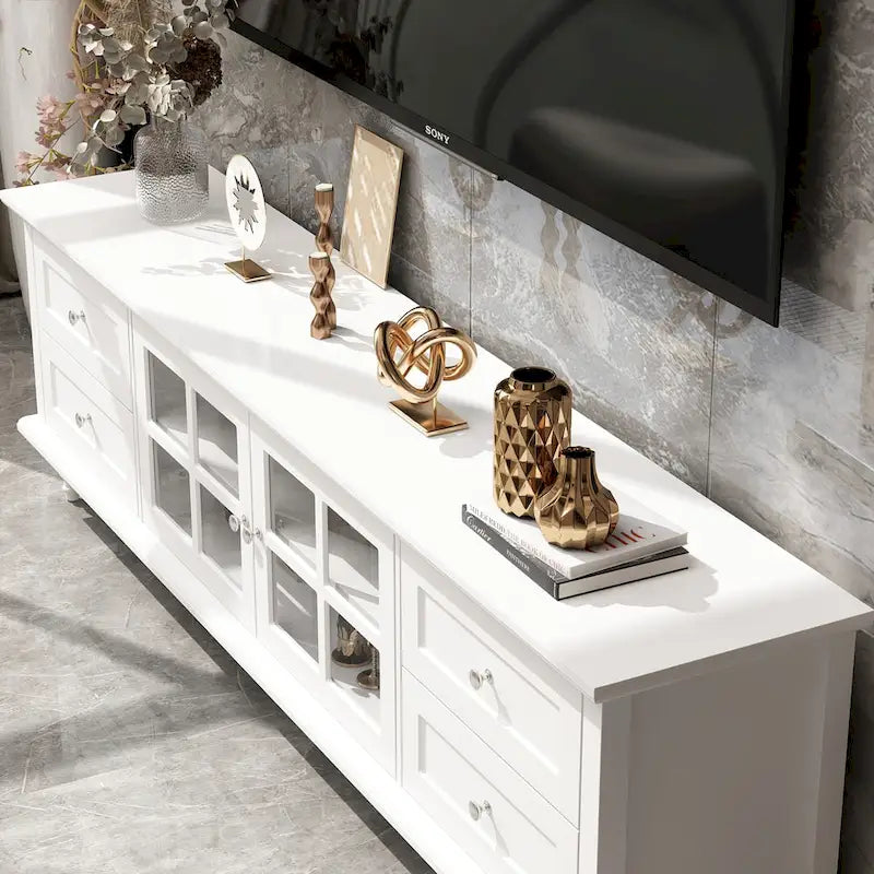 70.9-Inch TV Stand – White, Modern Style, Tempered Glass Doors & 4 Drawers