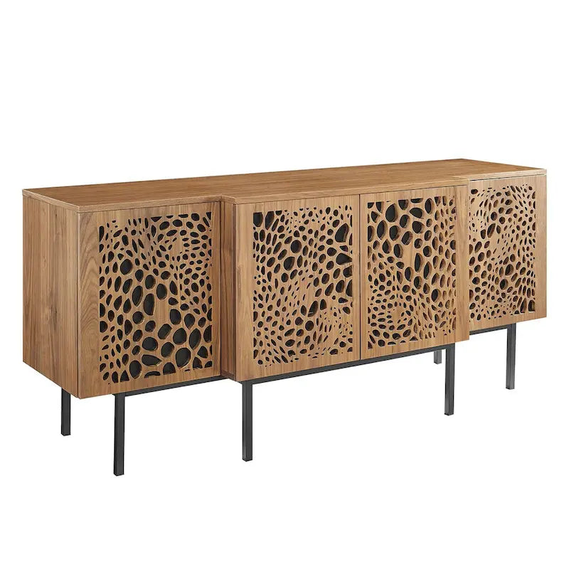 Walnut Veneer Sideboard Credenza with Sliding Doors for 1–4 Person Dining Room
