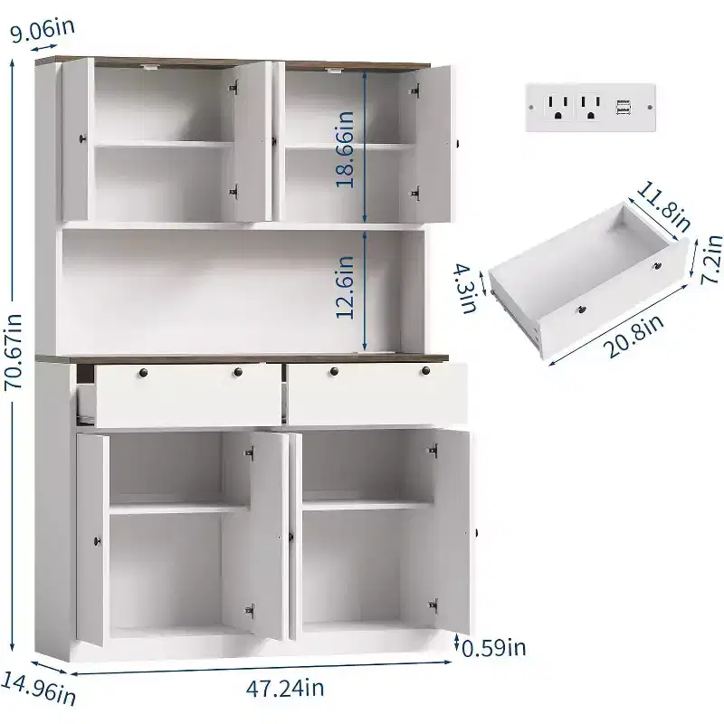 71 Tall Kitchen Pantry Storage Cabinet, Kitchen Hutch with Microwave Stand & Countertop, Large Food Pantry Cabinet with 2 Drawers and 8 Doors