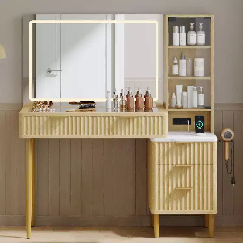 Particle Board LED Dressing Table with Wave Pattern, Durable MDF, Modern Design, Built-In LED Lighting, Spacious Storage