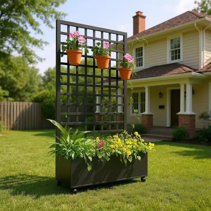 Metal Raised Garden Bed with Trellis and Wheels,Planter Box for Climbing Plants,Vegetables,with Square Lattice Trellis,Drainage Holes & Privacy Screen