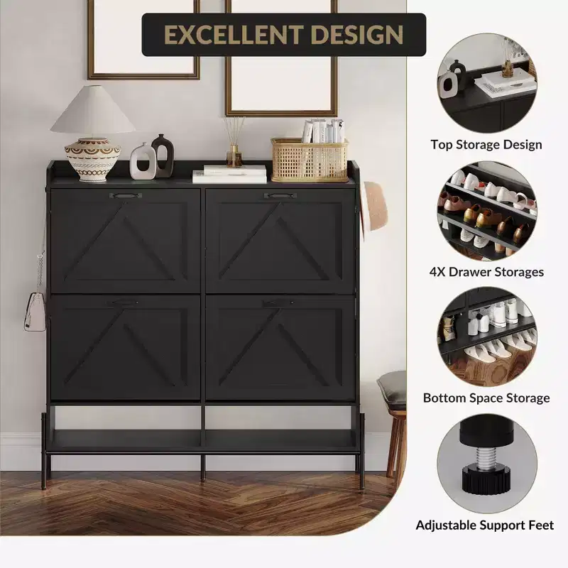 Shoe Cabinet with 4 Flip-Up Drawers Hidden Shoe Storage Cabinet with Open Storage for Entryway Hallway Bedroom Shoe Organizer Cabinet