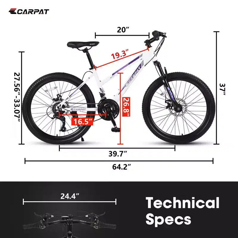Okak 24/26IN Mountain Bike with 21 Speeds and Dual Disc Brakes, Kids Bike with 100mm Front Suspension, Dirt Bike for Teenagers and Women