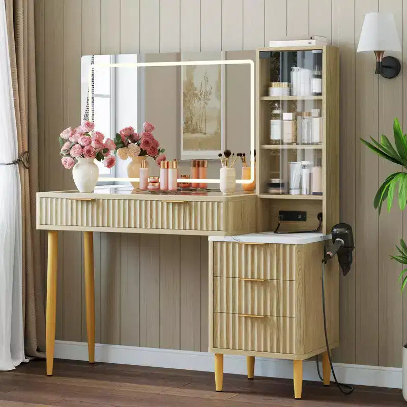 Particle Board LED Dressing Table with Wave Pattern, Durable MDF, Modern Design, Built-In LED Lighting, Spacious Storage