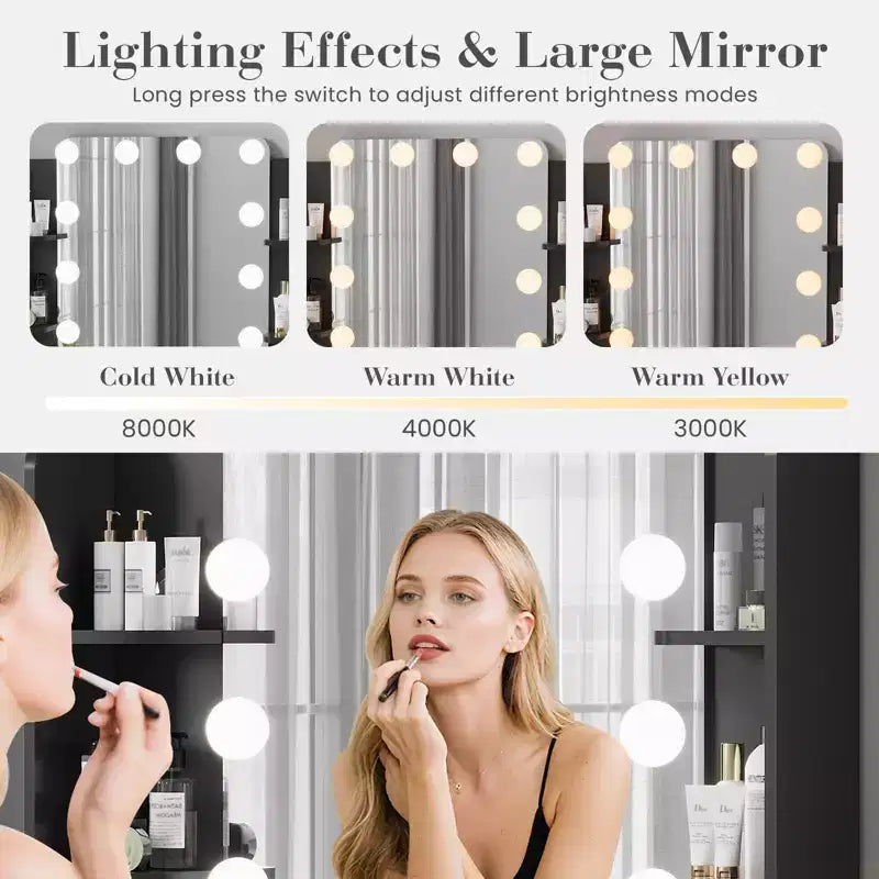 Makeup Vanity Desk with Mirror and Lights, Vanity Table with 2 Drawers, 6 Shelves, Hair Dryer Holder & Stool,Dressing Table Furniture for Bedroom
